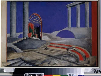 Revista de Desenho de Palco para a Edição Decors de Theatre. Obra de Alexandra Alexandrovna Exter (1882-1949), aguarela e guache sobre papel, meados dos anos 20. Arte cenográfica russa, século XX. Co