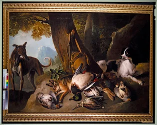 Cães e caça numa paisagem (óleo sobre tela)