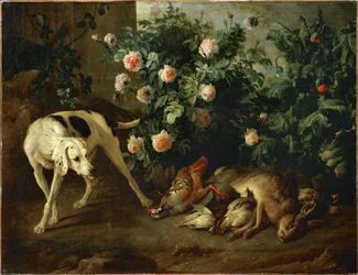 Cão que guarda a caça perto de uma roseira - Chien gardant du gibier aupres d