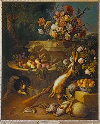 Gibier mort, fruits, fleurs et un chien - Jogo de morte, frutas, flores e um cão ...