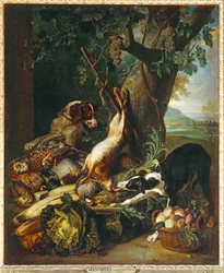 Gibier mort, legumes, frutas et deux chiens - Caça morta, legumes, frutas e dois cães ...