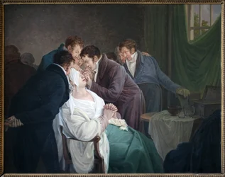 A operação da catarata pelo Barão Guillaume Dupuytren (1777-1835). Pintura de Alexandre Jean Drahonet, pseudônimo de Alexandre Jean Dubois (1791-1834), óleo sobre madeira