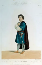O tenor francês Adolphe Nourrit (1802-1839) no papel de Melechtal na ópera "Guillaume Tell" (William Tell) de Gioacchino Rossini (1792-1868). Ilustração de Alexandre Lacauchie (século XIX) Paris. Biblioteca do Museu da Ópera