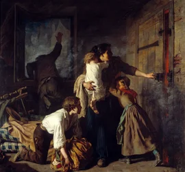 Cena de incêndio. Uma família presa no seu apartamento tenta escapar ao incêndio do edifício. O pai da família pede ajuda pela janela. Pintura de Alexander Antigna (1817 - 1878)