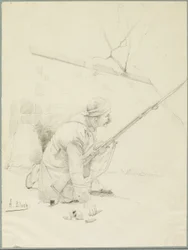 Soldado ferido carregando seu rifle