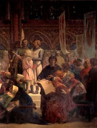 Rei Luís IX disse Saint Louis (1214-1270) fazendo justiça Pintura de Alexandre Cabanel (1823-1889) Paris do século XIX, Pantheon