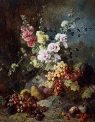 Natureza morta com flores e frutos com uvas, pêras, ameixas e framboesas. Pintura de Alexandre Couder (1808-1879) Coleção particular.
