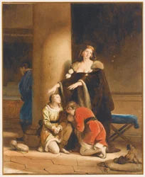 Elizabeth Woodville, Rainha de Inglaterra, despedindo-se de seus filhos, Edward V e Richard, Duque de York, com um homem de luto atrás de uma coluna