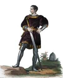 Retrato de Olivier V por Clisson (1336-1407), condestável francês. ilustração de “” O Plutarco Francês”” de Edmond Mennechet