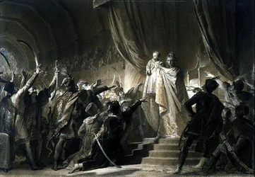 A Imperatriz Maria-Theresa (1717-80) apresenta o futuro José II aos Magnatas da Hungria (grafite, sépia lava com tinta e guache sobre papel)