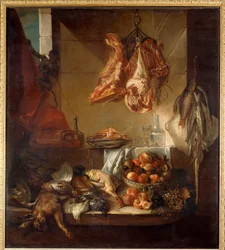 Um interior de cozinha ainda vivo de caça, fruta e carne. Pintura de François Desportes (1661-1743) Chalons sur Marne do século XVIII, Musee des Beaux Arts