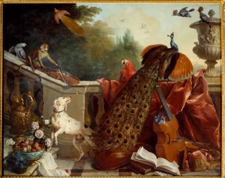 Animais, flores e frutos. Um cão, um macaco a tocar violino, um pavão, um papagaio, uma ave-do-paraíso, instrumentos de corda. 1717. Sol. 1,24 x 2,31 m. Grenoble, Musée des Beaux-Arts