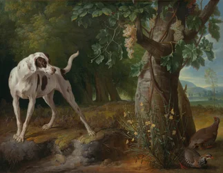 Cachorro apontando perdizes em uma paisagem