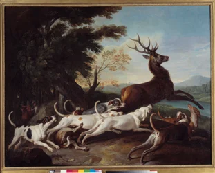 A caçar: "Debuche du veado" Pintura de François Desportes (1661-1743) 1718 Sol. 1,1x1,45 m Rouen, Musee des Beaux Arts