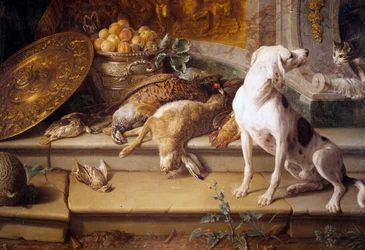 Natureza-morta com cão de caça e caça (lebre, faisão, perdiz), pormenor. Pintura de François Desportes (1661-1743), século XVIII, Gien, Museu da Caça