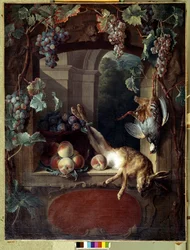 Natureza morta na latada Uvas, faisões e caça (lebre, ave morta) Pintura de François Desportes (1661-1743) Sol do século XVIII. 1,17x0,88 m Lyon, Musee des Beaux Arts