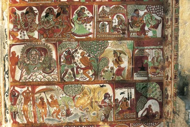 Frescos retratando a vida de Shiva em santuário para Parvati, templo Nataraya, Chidambaram, Tamil Nadu, Índia, século V