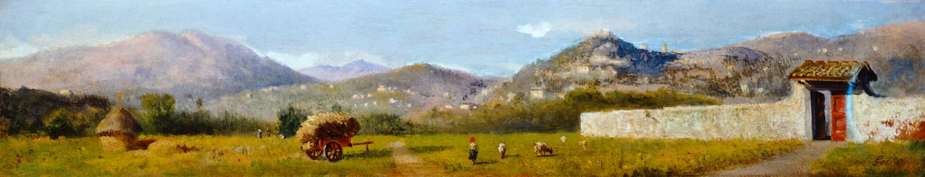 Paisagem Toscana por Lorenzo Gelati (1824-1893), óleo sobre papelão