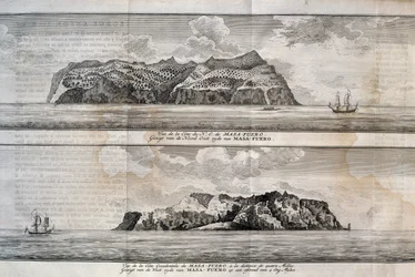 Vista da Ilha Alejandro Selkirk ou da Ilha Mas Afuera, Arquipélago Juan Fernandez, Chile, gravura