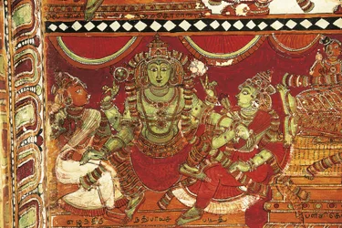 Visnu, detalhe de afrescos retratando a vida de Shiva em santuário para Parvati, templo Nataraya, Chidambaram, Tamil Nadu, Índia, século V