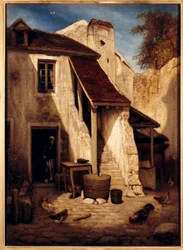 Interior de pátio rústico em Fontainebleau Pintura de Alexandre Gabriel Decamps (1803-1860) Sol do século XIX. 0,78x0,56 m Paris, Musee du Louvre.