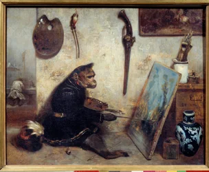 O macaco pintor. Pintura de Alexandre Gabriel Decamps (1803-1860), 1833, 0,32 x 0,4 m