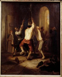 Os toques. Os homens puxam a corda para tocar os sinos. Pintura de Alexandre Gabriel Decamps (1803-1860)