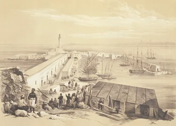 Porto e Cais de Argel, de um volume comemorativo da Força Expedicionária Francesa que capturou Argel em 1830, gravado por Adolphe Jean-Baptiste Bayot (1810-66)