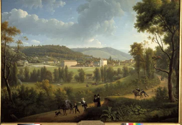 Vista da aldeia de Jouy en Josas (Jouy-En-Josas) com a fábrica fundada em 1785 por Oberkampf (1738 - 1815). Pintura por Alexandre Dunouy (1757-1841)