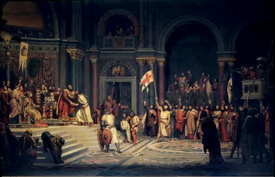 Primeira Cruzada: Godofredo de Bulhão (1061-1100), duque da Baixa Lorena, presta juramento de fidelidade ao imperador bizantino Aleixo Comneno em Constantinopla