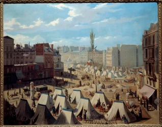 Acampamento das tropas no Boulevard du Temple durante os dias de junho de 1848. Vista de Paris durante a revolução de 1848. Pintura de Alexandre Josquin (século XIX). Óleo sobre tela. Dim: 0,64 x 0,81m. Paris, Musee Carnavalet - Acampamento de tropas no Bo