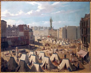 Acampamento das tropas, no Boulevard du Temple em Paris, durante os dias de junho de 1848. Pintura de Josquin (?) , óleo sobre tela, arte francesa