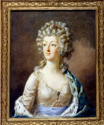 Retrato de Maria Antonieta (1755-1793), rainha de França. O seu penteado é frisado (caracóis). Pintura de Alexandre Kucharski (1741-1819), século XVIII, coleção particular