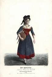A atriz Mademoiselle Minette ou Jeanne-Marie-Francoise Menestrier como Françoise em Nicolas Remi por Sewrin, Theatre du Vaudeville