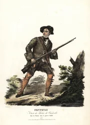 Jean-Baptiste Fontenay e Martin em Le Poor Diable, de Balisson e Dumersan, Theatre du Vaudeville. Litografia colorida de F. Noel depois de uma ilustração de Alexandre-Marie Colin a partir de retratos de atrizes em diferentes papéis, F. Noel, Paris