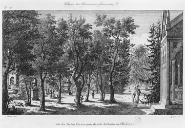 Musée des monuments Français, Paris, vista do Jardin Elysee do túmulo de Heloise e Abelard, gravada por Laurent Guyot (1756-1806)