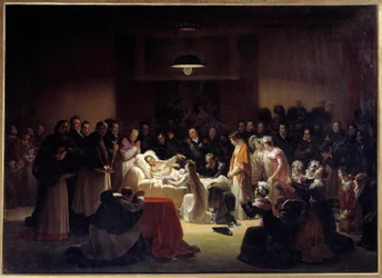 Os últimos momentos do Duque de Berry (1778 - 1820) na Ópera de Paris, rodeado por Luís XVIII e pela família real. Pintura de Alexandre Menjaud (1773 - 1832)