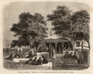 Vista de um café em La Marsa (Tunísia), desenho de A.de Bar, para ilustrar uma viagem a Tunísia, em 1859, de Amable Crapelet. Gravura em "Le tour du monde", editado por Edouard Charton
