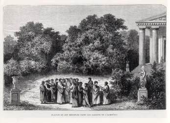 Platão (c.427-c.348 aC) e seus discípulos no Jardim da Academia, de "La Vie des Savants Illustres", de Louis Figuier, gravados por Laplante, c.1870