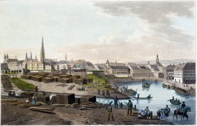Vista de Viena da costa de Leopold-Stadt (obras na doca) - em "Picturesque trip to Austria by Count Alexandre de Laborde", Paris, ed. Didot Ancião