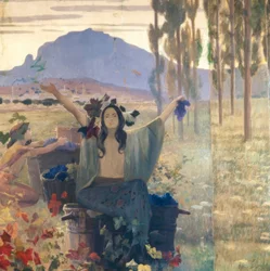 Painel mural que representa a agricultura, a indústria e as exportações
