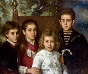 Retrato das crianças de Paul Pavlovich Demidoff, 2º Príncipe de San Donato (1839-1885), Aurore Anatol, Maria e Pavel - Peinture de Alexei Alexeyevich Harlamov (1840-1922) - 1883 - Óleo sobre tela - 76,5x90 - Coleção Particular