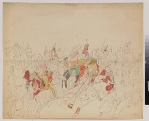 Maharaja Sher Singh (1807-1843) de Punjab (Índia) e sua corte. Obra de Alexei Dmitrievich Saltykov (1806-1859), lápis aquarela e tinta sobre papel