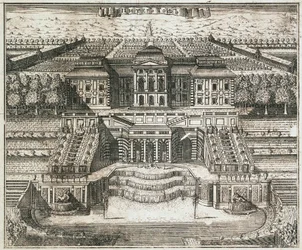 Vista do Grande Palácio em Peterhof, 1717.