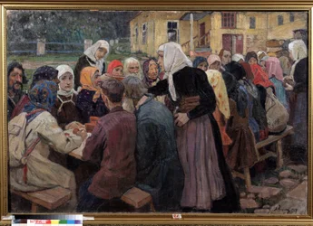 A refeição. Uma longa mesa montada no jardim, servindo o almoço a uma multidão de pessoas, as mulheres serviçais usando lenços brancos. Pintura de Alexei Mikhaylovich Korin (Korine) (1865-1923), óleo sobre tela