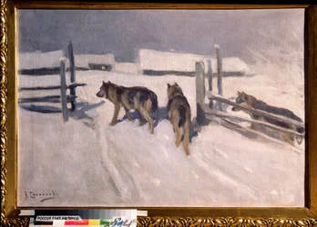Lobos, noite de inverno (Lobos, Noite de Inverno) - Pintura de Alexei Stepanovich Stepanov (1858-1923), óleo sobre tela, cerca de 1910, arte russa, início do século XX - Coleção particular