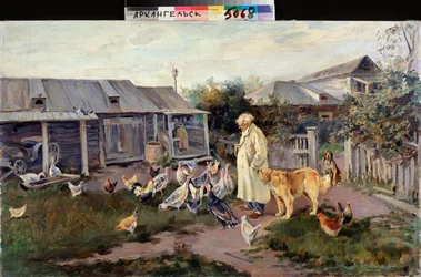 Saudação matinal - Animais de curral cercam um fazendeiro - Pintura de Alexei Stepanovich Stepanov (1858-1923), óleo sobre tela, final de 1890, arte russa