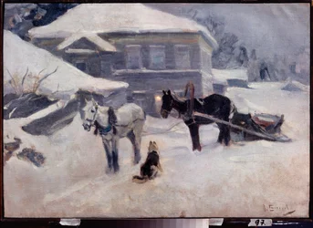 A Country Hotel - Pintura de Alexei Stepanovich Stepanov (1858-1923), óleo sobre tela, arte russa do final do século XIX e início do século XX, paisagem - Museu de Arte M Tuganov da Ossétia do Norte, Vladikavkaz (Rússia)
