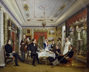A família Tarnovskj a beber chá à mesa