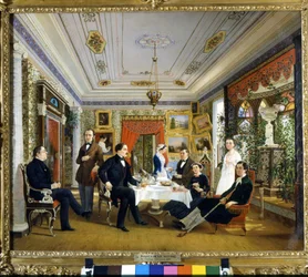A mesa de chá. Pintura de Voloskov Alexei Yakovlevich (1822 - 1882)